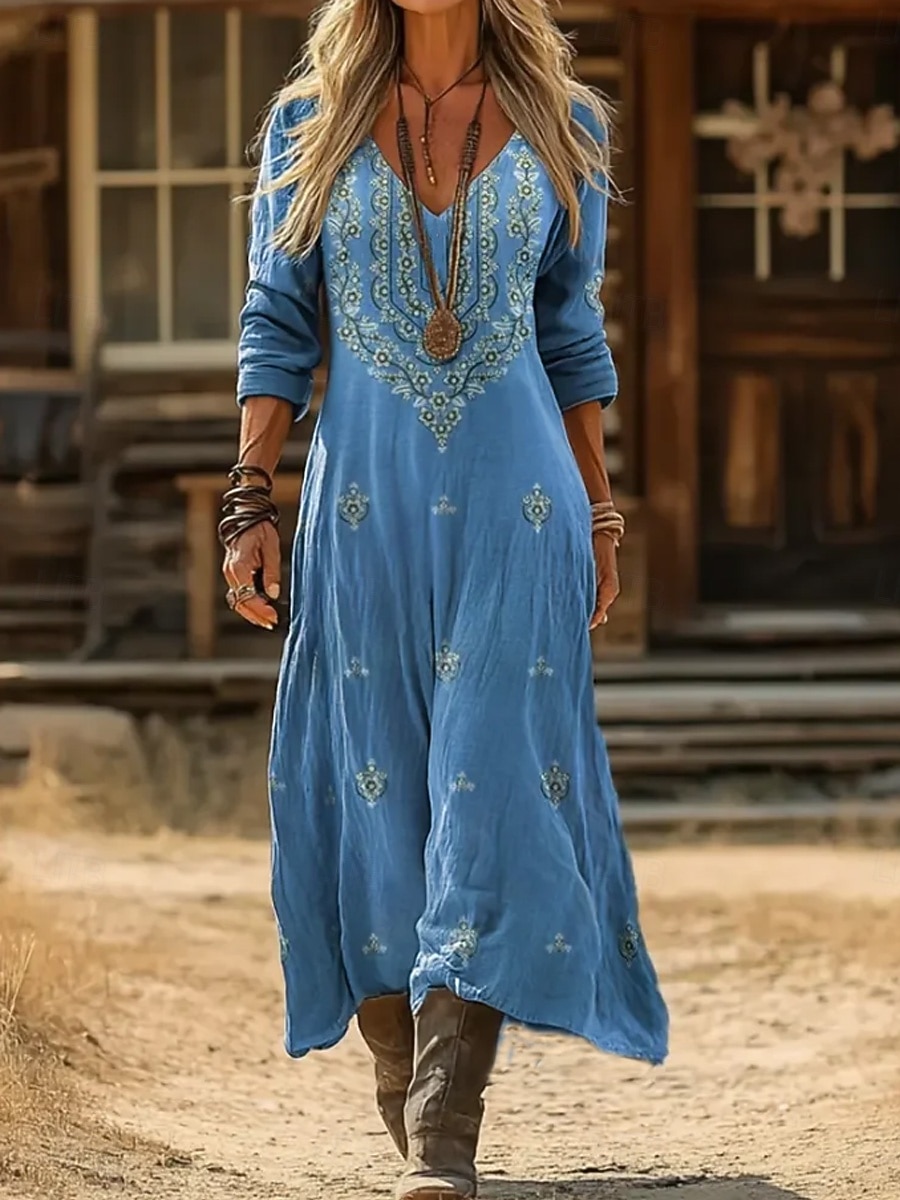 Damen Maxikleid Sommerkleid Urlaub Lässig Boho Täglich Lässiger Schnitt Blumen Langarm V Ausschnitt Blau Schwarz Gelb Rote Sommer Frühling 2026 - $41.99 –P3