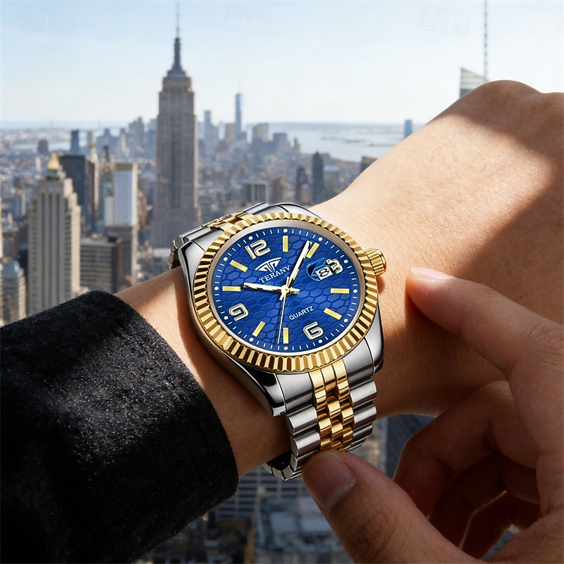 Montre homme de luxe, cadran noir nid d'abeille, mouvement quartz bicolore or et argent en acier inoxydable, lunette cannelée, montre habillée avec date, bijou élégant à offrir. de 2026 ? $21.99 –P13