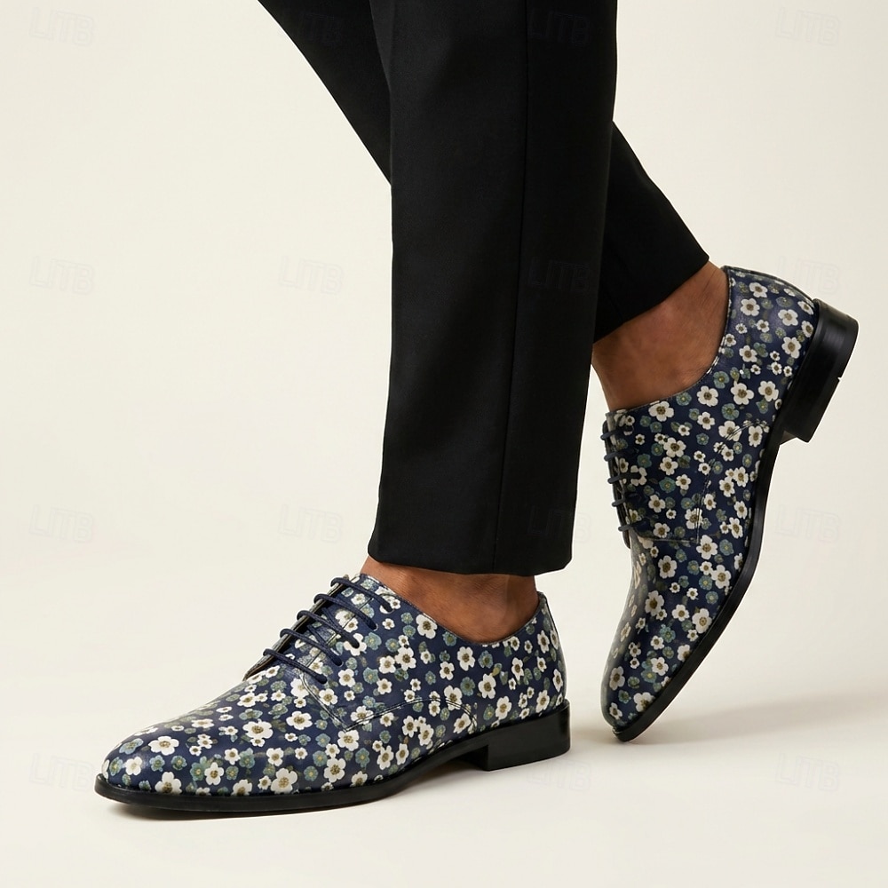 Scarpe eleganti stringate da uomo in vera pelle blu navy con stampa a margherite, modello Oxford vintage floreale, perfette per matrimoni, balli di fine anno, cene e eventi formali. del 2026 a $109.99 –P3