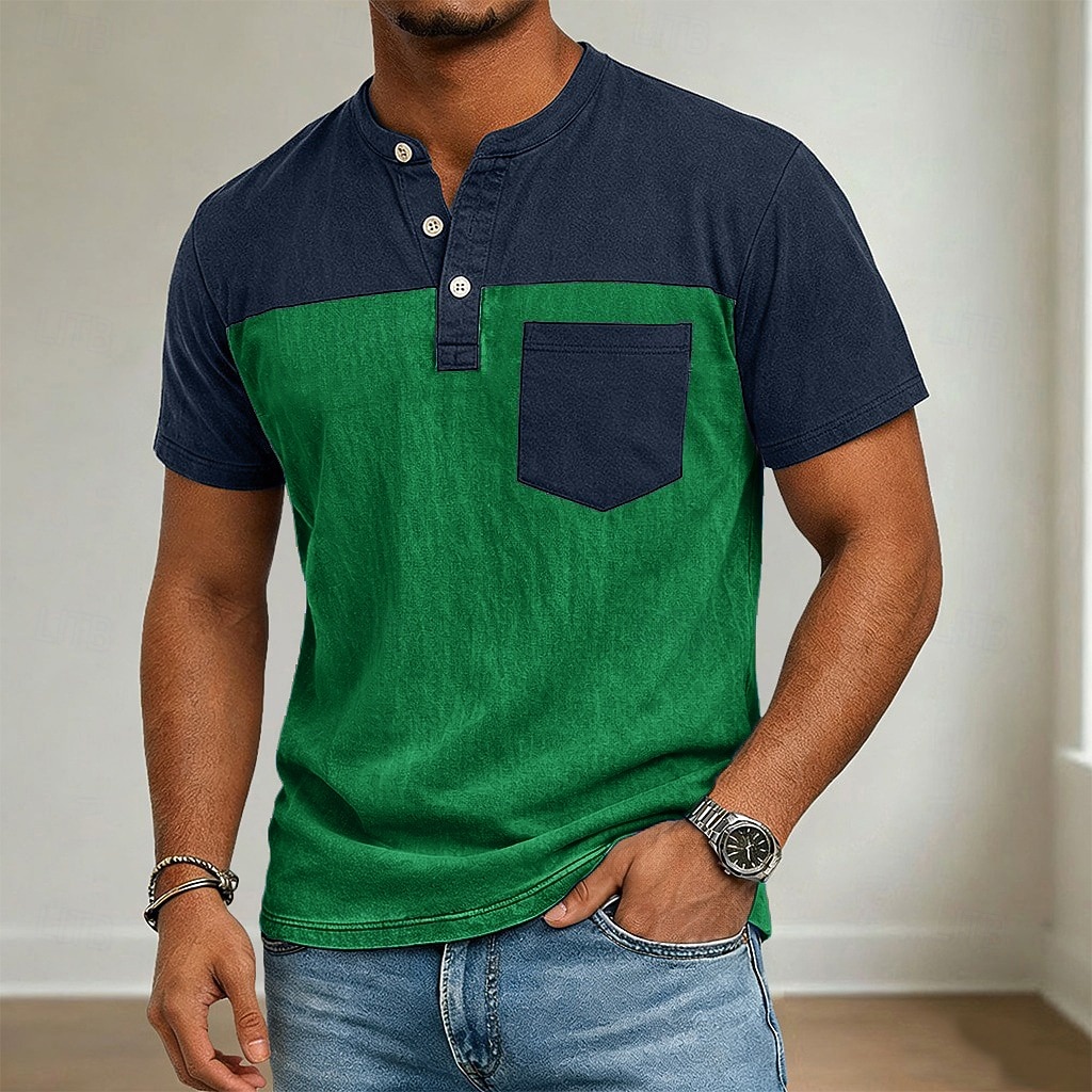 Herren Henley Hemd Hemd aus 100 % Baumwolle in Säurewaschung Kurzarm Henley Sommer Frühling Ganzjahres Farbblock Patchwork Retro Vintage Lässig Henley Patchwork Vintage-Stil Farbblock Lässig Blau Kaki 2026 - $35.99 –P5