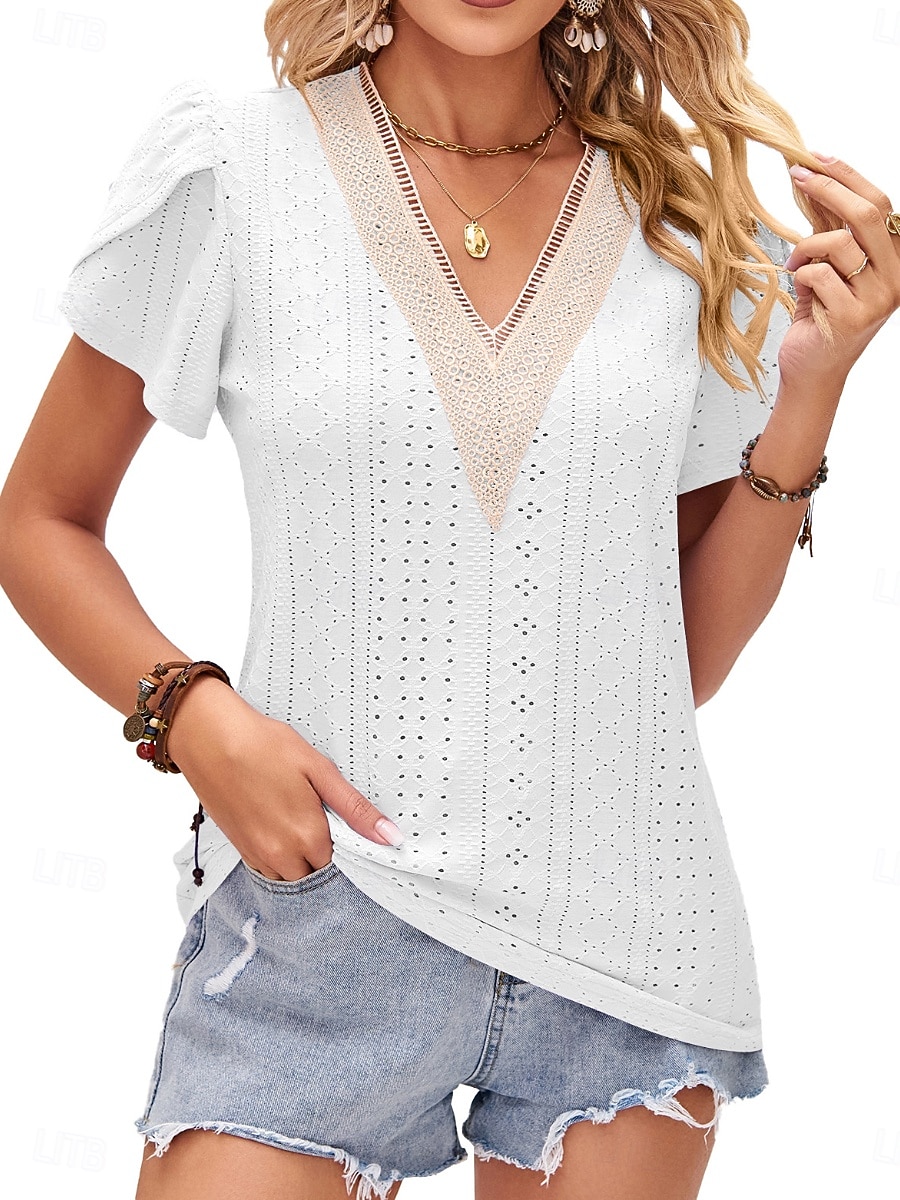 Women's Texture Blouse Eyelet Top Pointelle Tee Blouse Hollow Out Color Block Active Stylish Short Sleeve V Neck Regular Tops Casual Daily Outdoor White Pink Summer Spring 2026 - $25.99 –P4