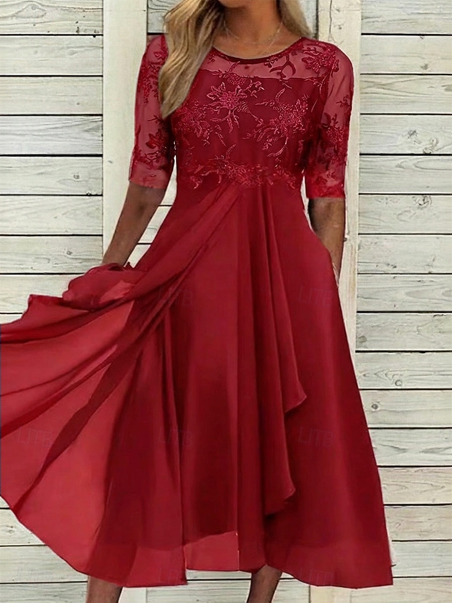 Damen Midikleid Spitzenkleid Cocktailkleid Kleid für Hochzeitsgäste Chiffonkleid Elegant Formell Party Hochzeit Normale Passform Halbarm Rundhalsausschnitt Blau Rosa Wein Dunkelgrün Sommer 2026 - $44.99 –P9
