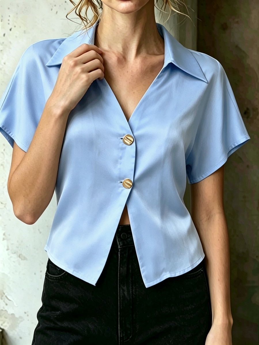 Pentru femei Cămașă din satin Bluză Nasturi Culoare solidă Stilat Casual Manșon scurt Guler Cămașă Crop Tops Casual Zilnic În aer liber Albastru piscină Negru Alb Caisă Vară Primăvară 2026 - $24.99 –P9