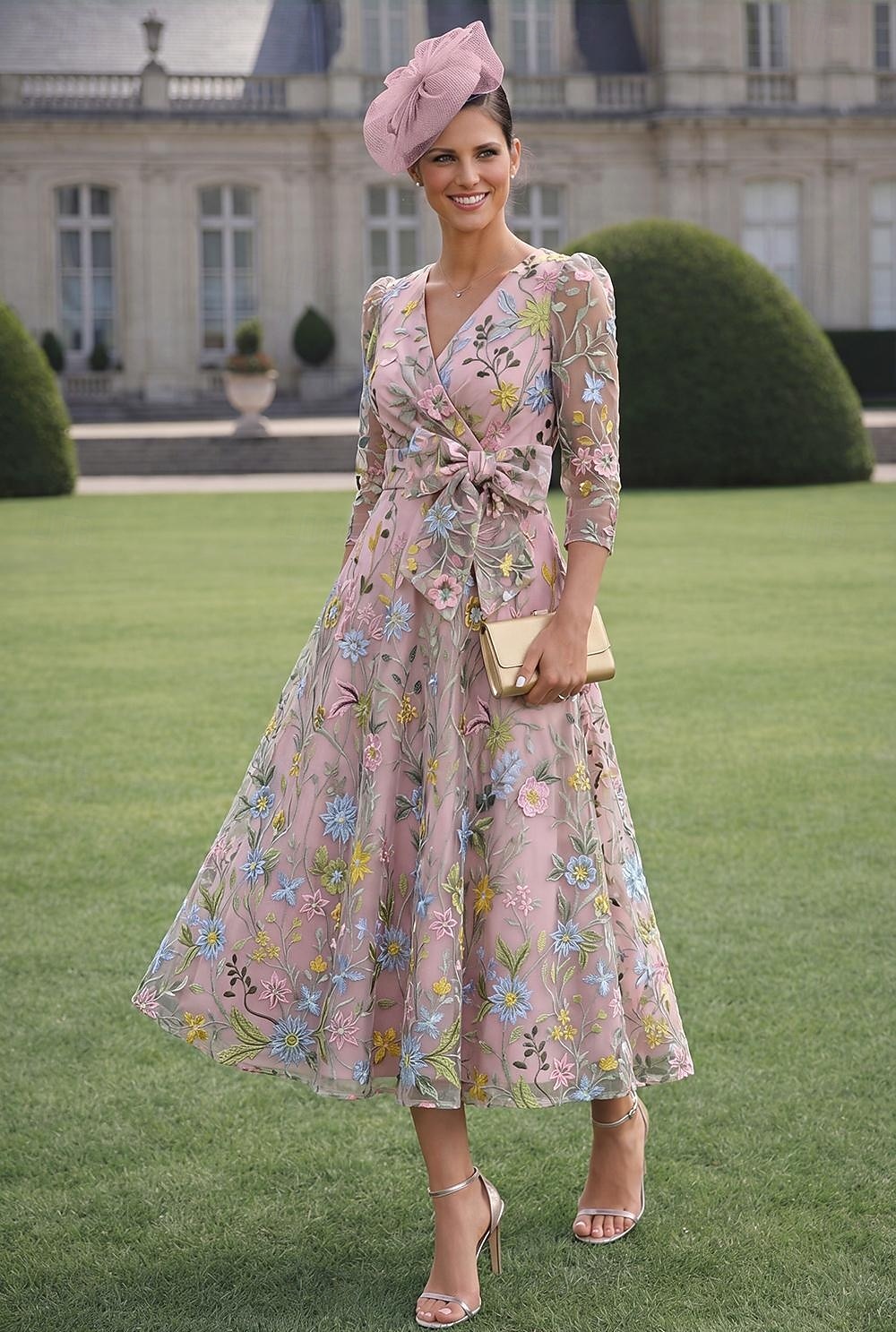 A-Line Ankle Length Floral Dress Cocktail Dresses Elegant Vintage Floral Long Sleeve V Neck Garden Party Wedding Pocket Satin Tulle Cowl Back with Embroidered Flower Bow(s) Pleats 2026