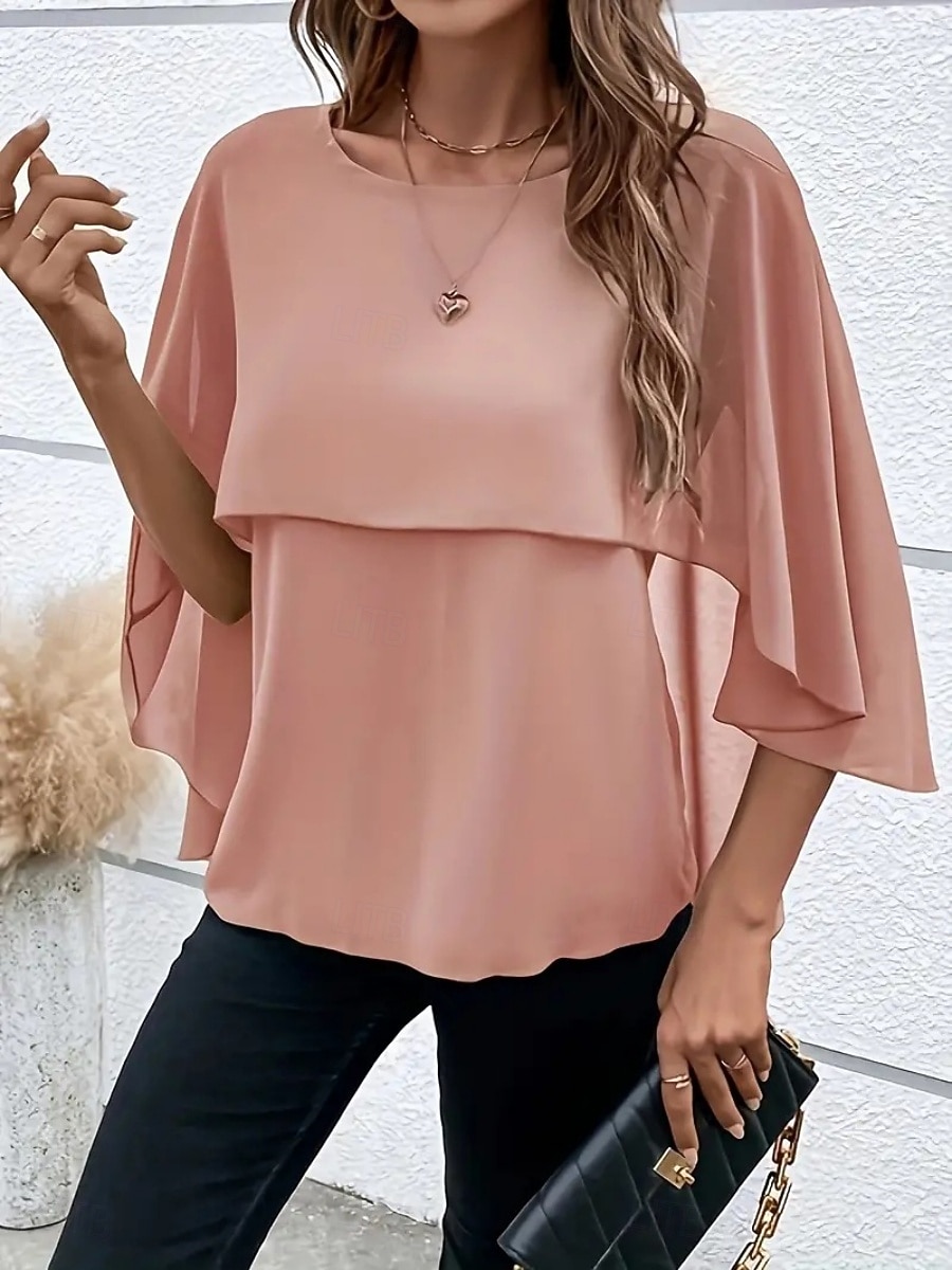 Mulheres Blusa Franzido Côr Sólida à moda Básico Casual Manga 3/4 Gola Redonda Tops regulares Diário Azul Preto Rosa Vermelho Camelo Verão Primavera Outono de 2026 por $25.99 –P7