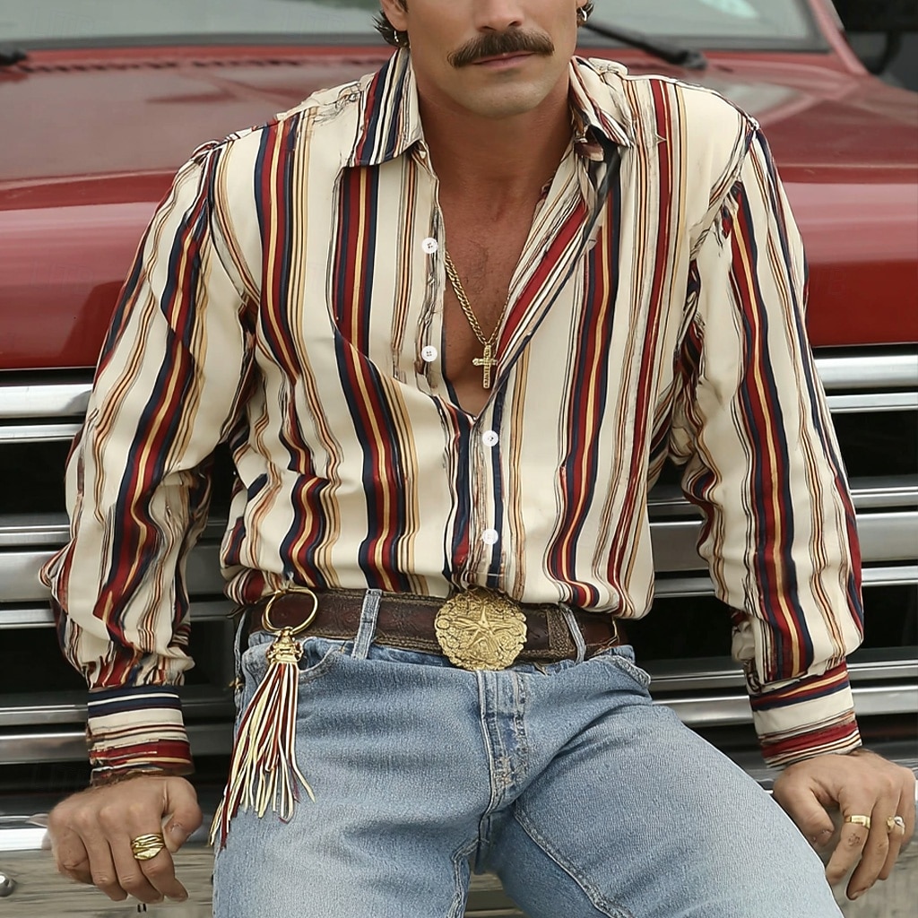 Bărbați Geometric Dungi Cămașă Cămașă occidentală Cămașă de cowboy Manșon Lung Vintage Retro Casual În aer liber Îmbrăcăminte de Muncă Vară Primăvară Răsfrânt Imprimare 3D Cămașă de in Cămăși cu 2026 - $27.99 –P1