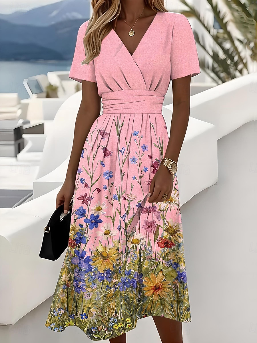 Women's Midi Dress Shift Dress Vacation Casual Boho Daily Summer Dress Spring Dress Regular Fit Floral Graphic Short Sleeve V Neck Blue Yellow Pink Light Red Summer Spring 2026 - $37.99 –P3