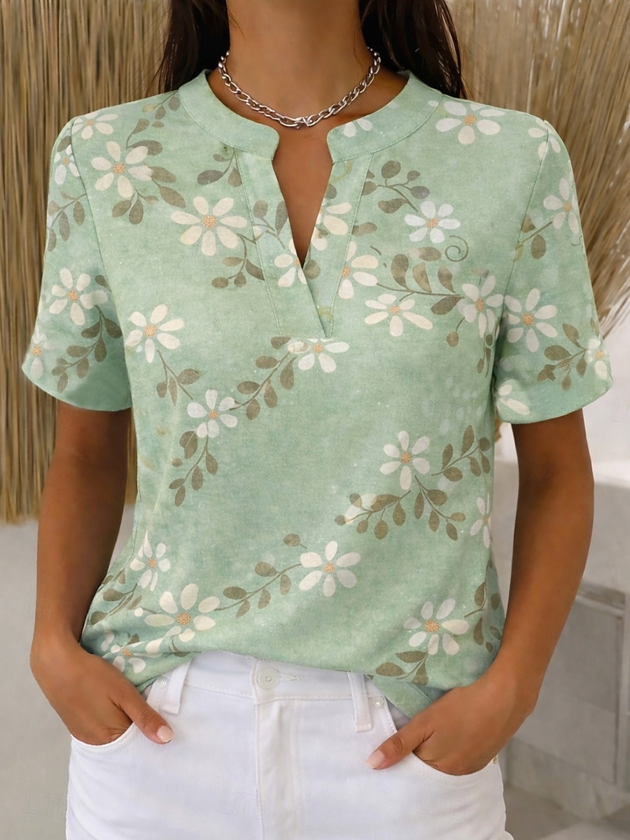 Femmes Chemise Imprimé Fleuri Graphique ancien Élégant Moderne Manche Courte Col en V Col montant Hauts Réguliers Occasionnel Quotidien Bleu Rose Claire Violet Vert Été Printemps de 2026 ? $21.99 –P1