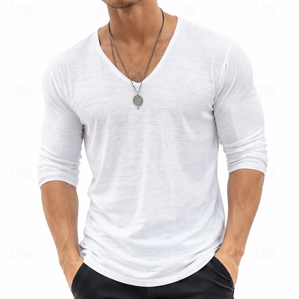 tricou bărbătesc din in, mânecă lungă, decolteu în V, vară, primăvară &Tricou de vară, culoare solidă, simplu, zilnic, casual, stil stradal, simplu, exterior, casual, albastru deschis, albastru-negru, 2026 - $20.99 –P6