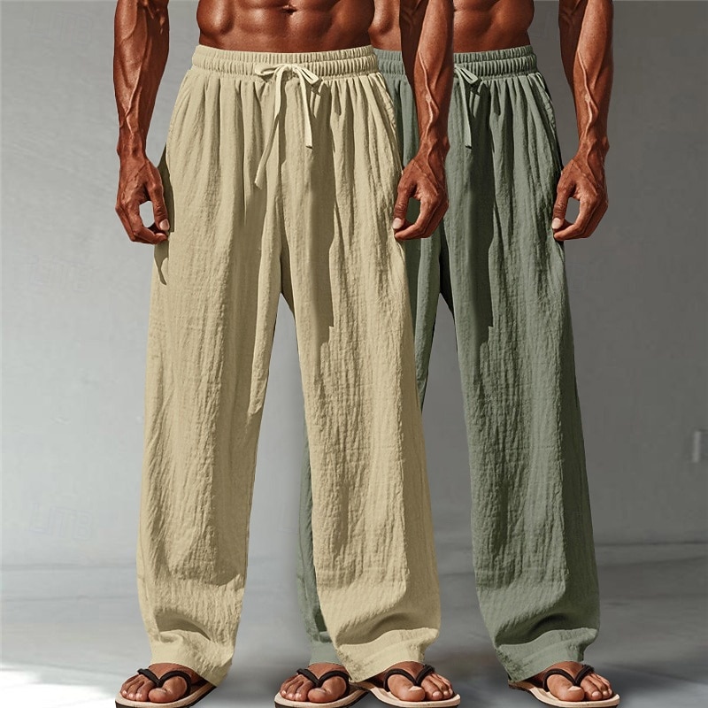 Men's Linen Pants Trousers Summer Pants Baggy Pants Beach Pants Drawstring Elastic Waist Straight Leg Plain Comfort Breathable Full Length Casual Daily Outdoor Vacation Fashion Green+Gray White+Navy 2026 - $34.99 –P11
