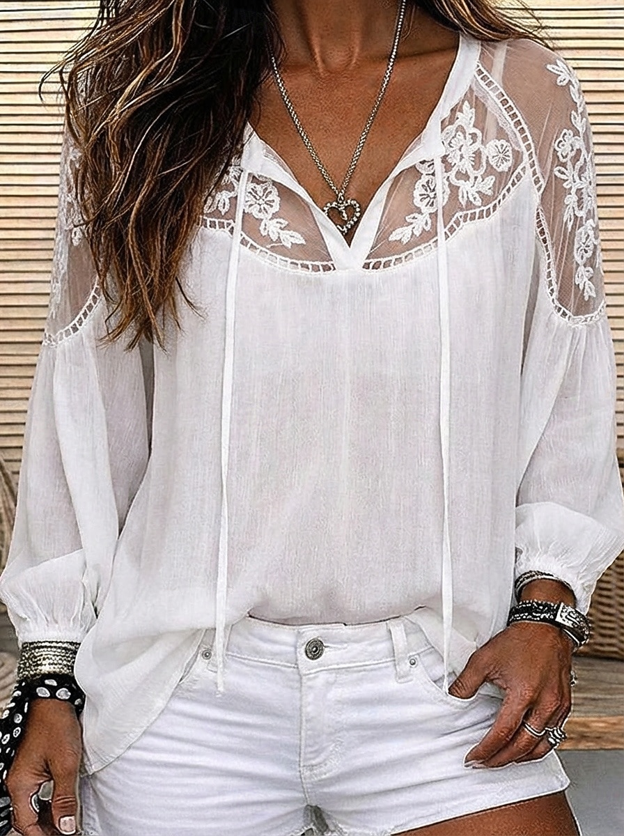 Women's Shirt Blouse Lace Tops Ruched Lace Plain Stylish Modern 3/4 Length Sleeve V Neck Regular Tops Casual Daily Holiday Black White Summer Spring 2026 - $25.99 –P1