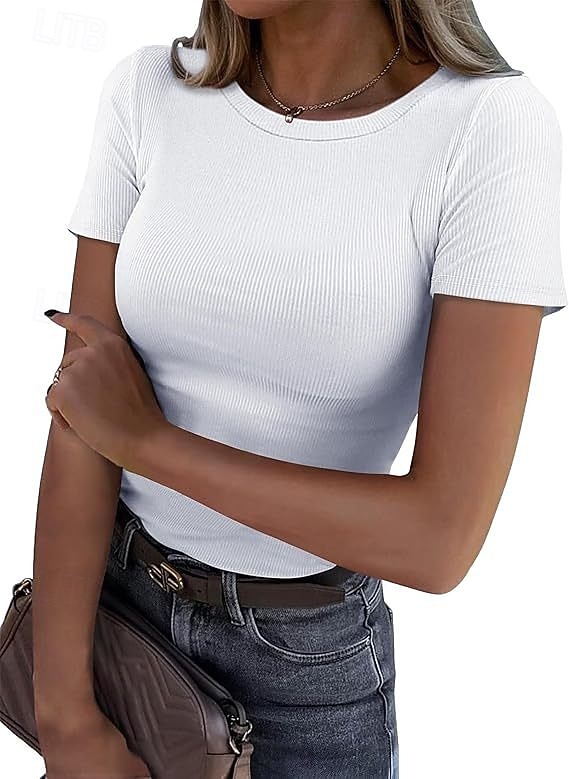 Women's Blouse Solid Color Vintage Stylish Basic Short Sleeve Round Neck Regular Tops Daily Blue Black White Pink Purple Summer Spring 2026 - $19.99 –P5