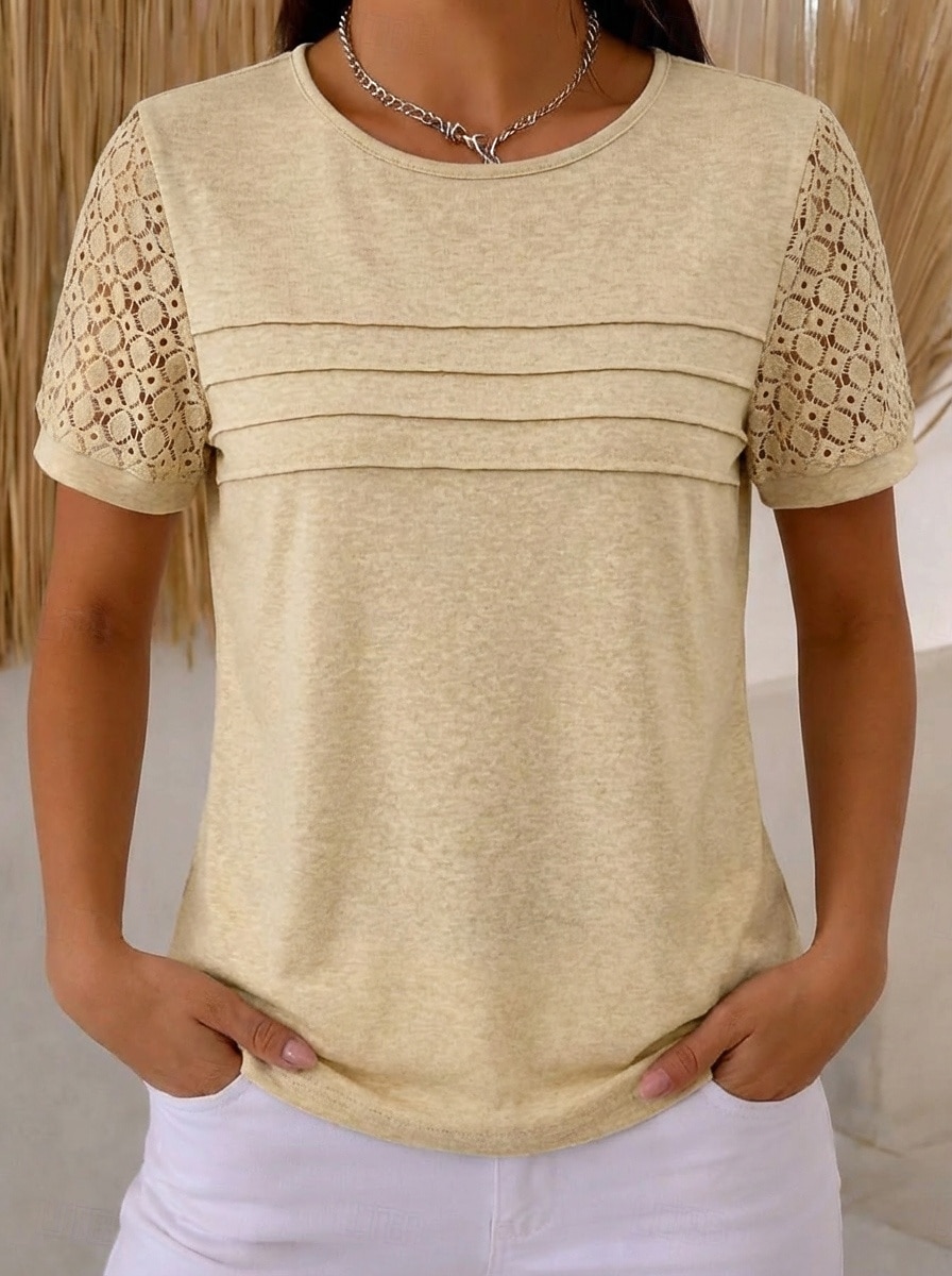 Mujer Blusa Tops de encaje Encaje Plisado Plano Elegante Moderno Sin Mangas Cuello Barco Tops regulares Casual Playa Festivos Negro Rosa Vino Beige Verano Primavera 2026 - $19.99 –P1