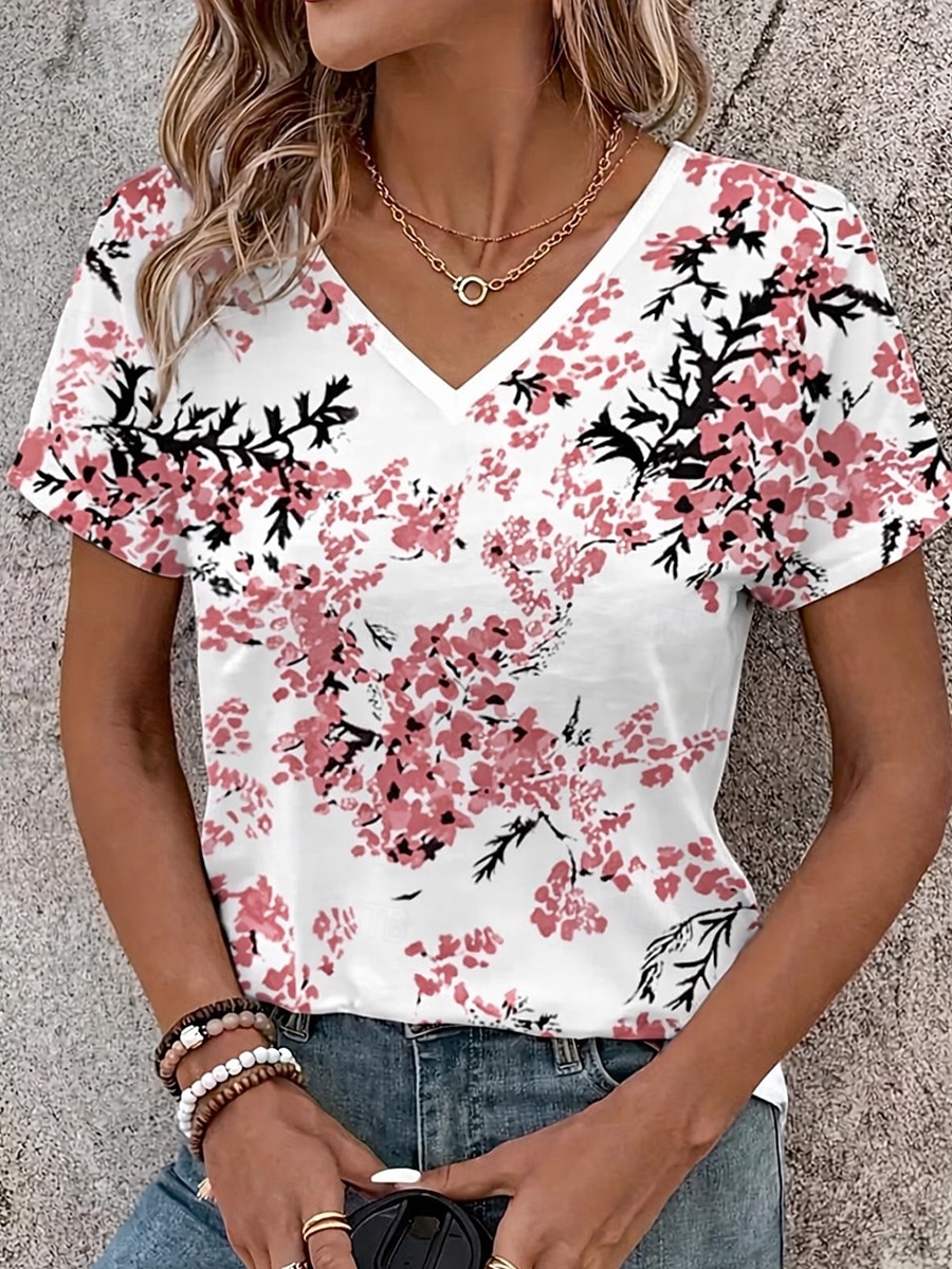 Women's T Shirt Print Floral Graphic Stylish Classic Casual Short Sleeve V Neck Regular Tops Casual Daily Blue White Pink Summer Spring 2026 - $21.99 –P3