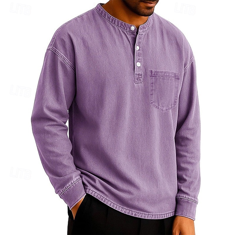 SoftFade™ Pánské tričko Henley T-shirt Tee dlouhý rukáv jednobarevné vintage retro ležérní styl obarvené vybledlé Henley ležérní jaro podzim černá šedá světle modrá Henley T-Shirt 2026 - $29.99 –P10