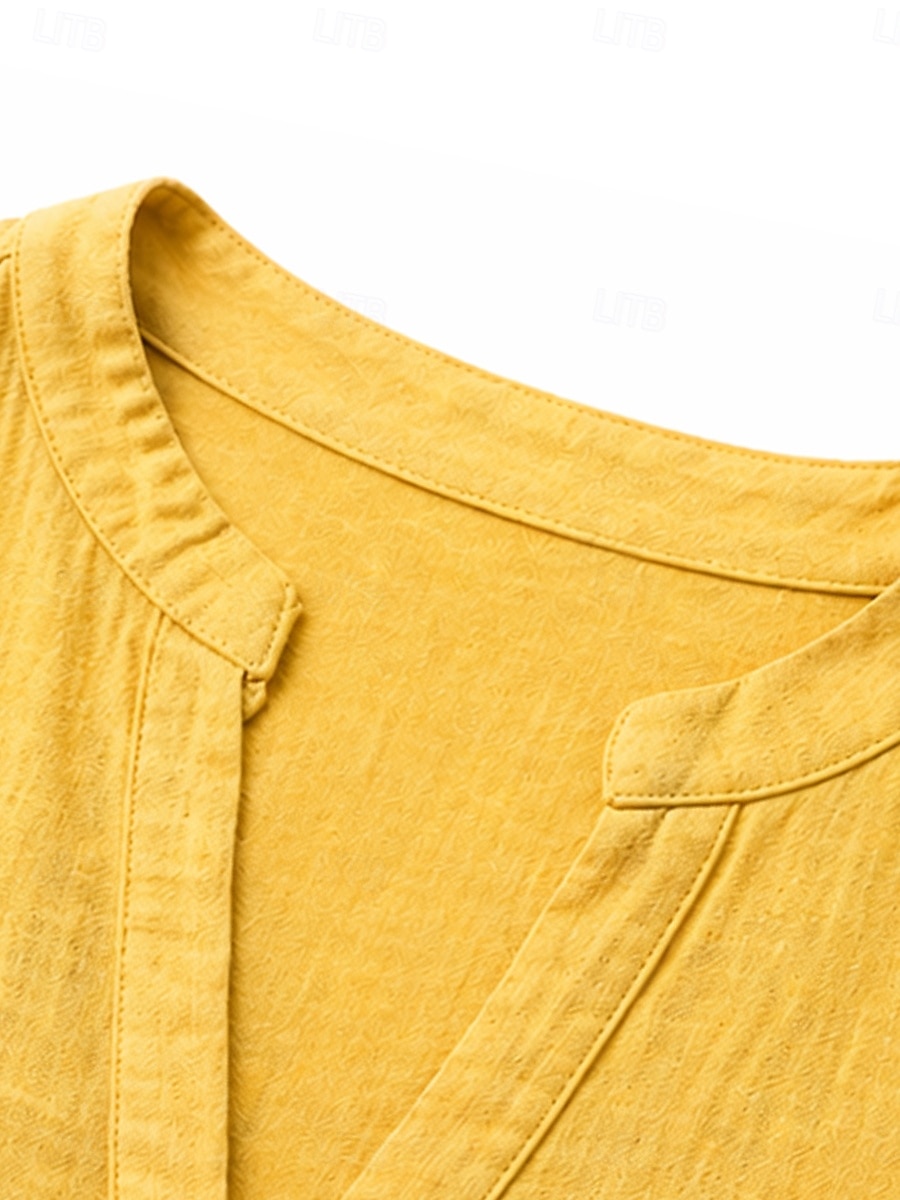 2026年 女性用 コットンリネンシャツ 夏のトップス ブラウス ドレッシーなトップス フリル パッチワーク ポケット 純色 平織り エレガント ヴィンテージ レディース 七分袖 Ｖネック シャツカラー ロングトップス カジュアル 日常 ワーク ブルー イエロー パープル グリーン カーキ色 夏 春  コレクション – $27.99 –P5