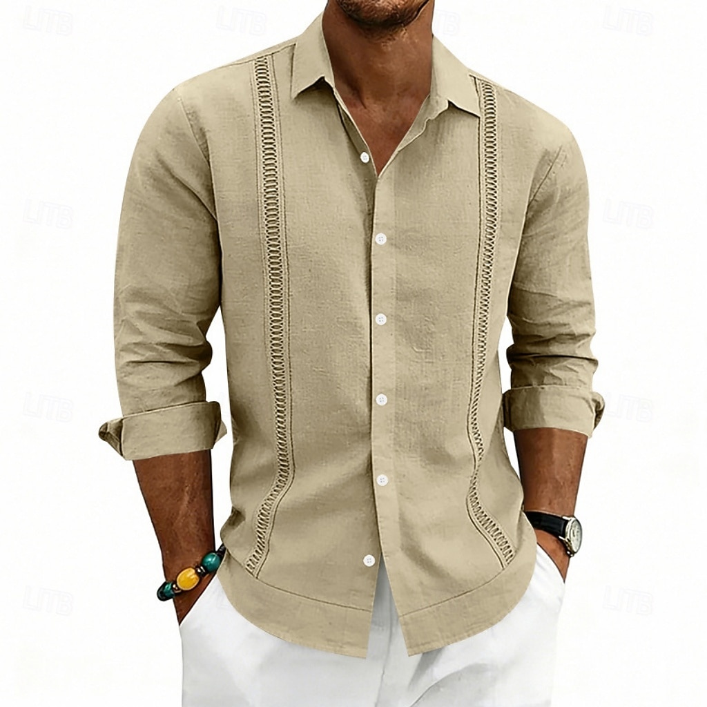 Herren Hemd Leinenhemd Sommerhemd Strandhemd Einfach Lässig Urlaub Schwarz Weiß Marineblau Khaki Langarm Umlegekragen Sommer Frühling Bekleidung Patchwork 2026 - $25.99 –P16