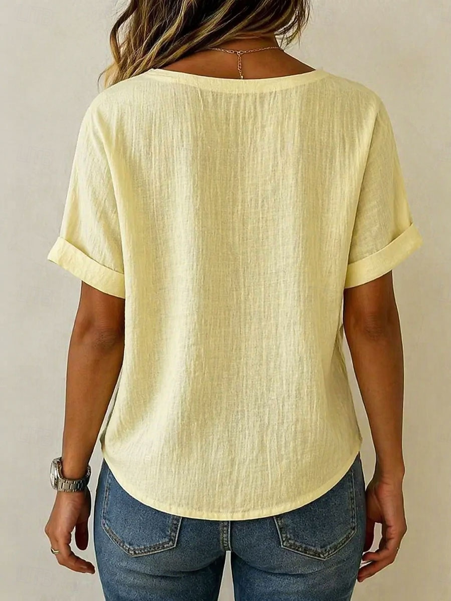 Mujer Camiseta Tee Botones Elegante Clásico Casual Manga Corta Cuello Barco Tops regulares Casual Blanco Amarillo Rosa Verano Primavera 2026 - $21.99 –P2