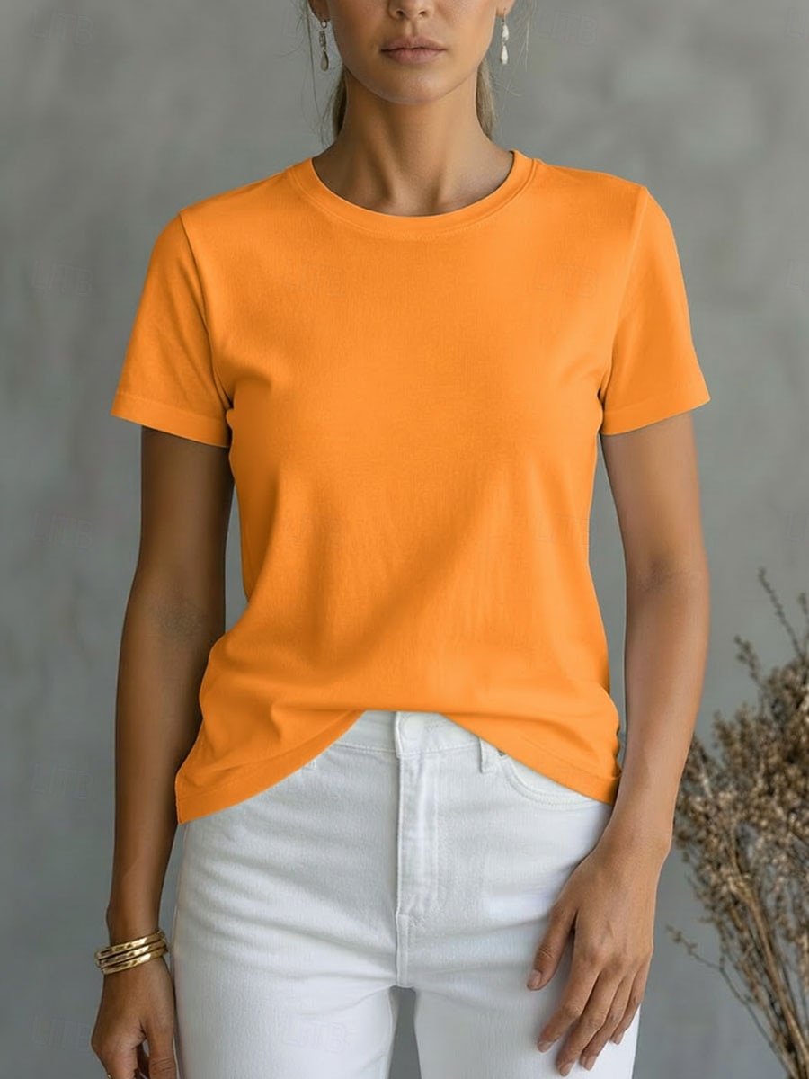 Mulheres Camiseta Camisa de algodão T-shirt Côr Sólida Moda à moda Básico Manga Curta Gola Redonda Decote Redondo Tops regulares Casual Diário Para Noite Branco Rosa Vermelho Laranja Verão Primavera de 2026 por $19.99 –P6