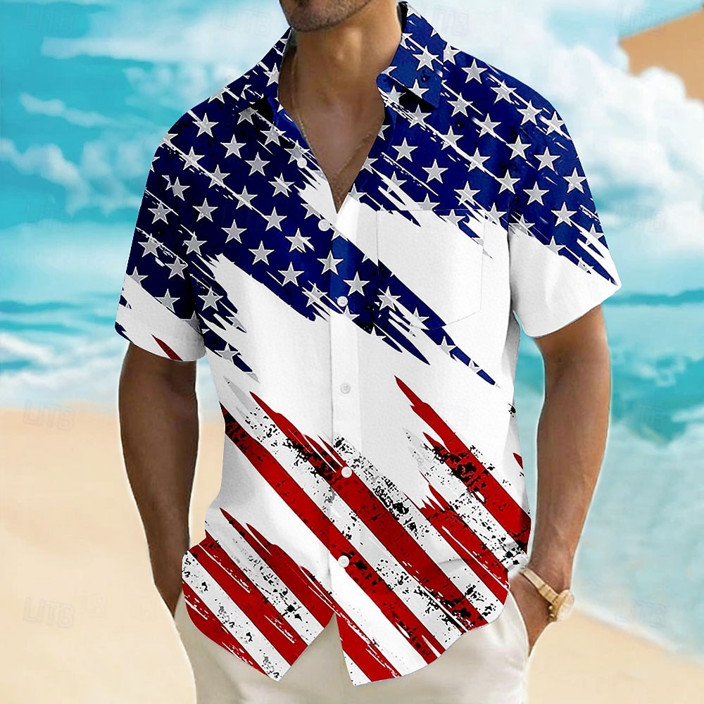 Men's 4th of July U.S. 250th Anniversary American Flag Shirt Summer Shirt Button Up Shirt Short Sleeve Patriotic Outdoor Holiday Summer Spring Turndown 3D Print Front One Pocket Linen Like Shirt Blue 2026 - $25.99 –P1