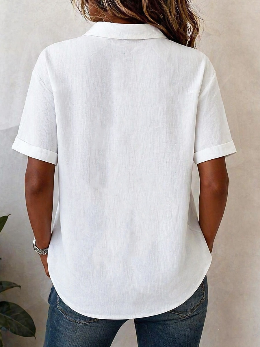 Per donna Blusa Finto cotone e lino Bottoni Tinta unica Essenziale Casual Manica Corta Colletto a Camicia Top Regolari Quotidiano Blu Bianco Albicocca Estate Primavera del 2026 a $11.99 –P7