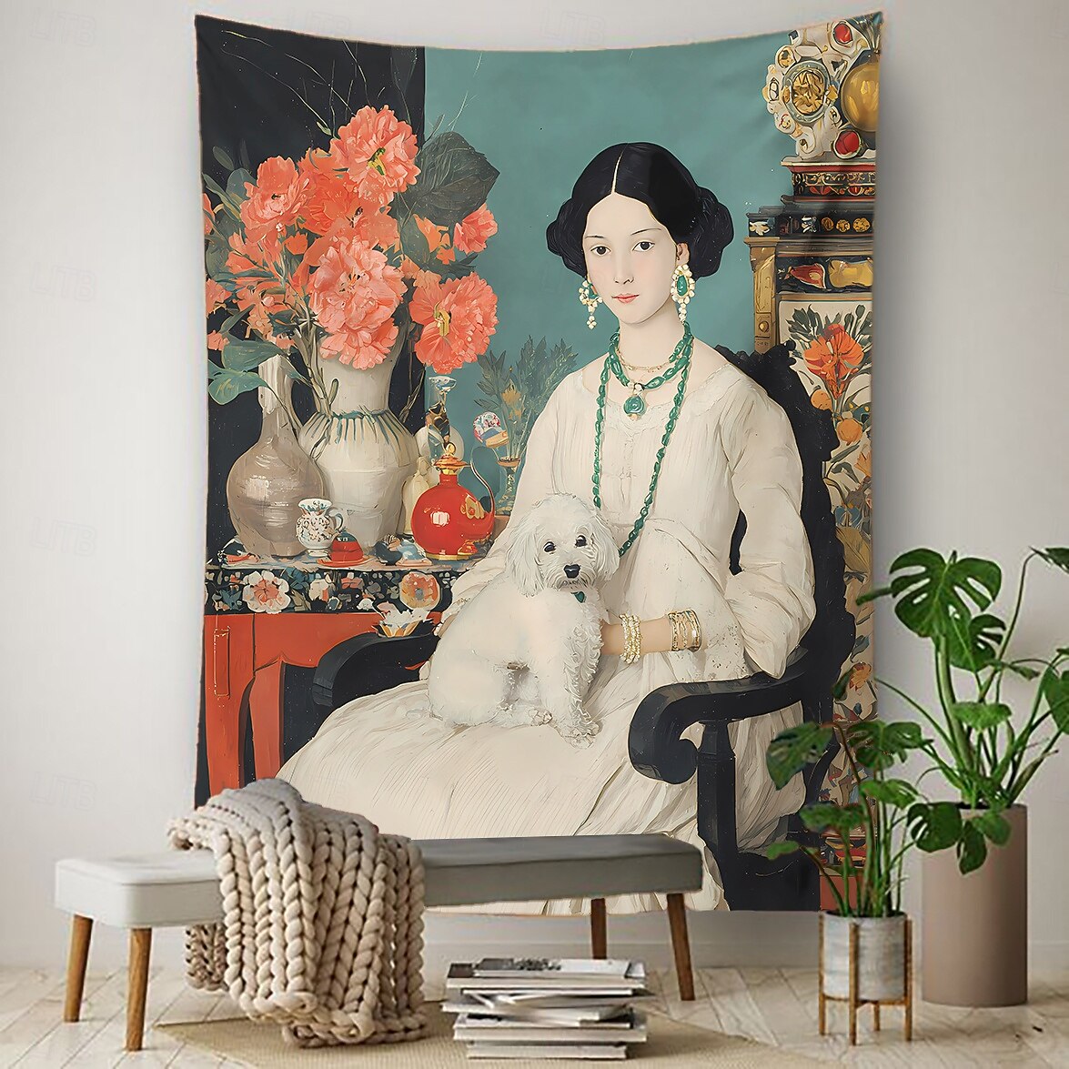 Vintage Victorian Lady with White Dog Wall Tapestry Elegant Woman in ...