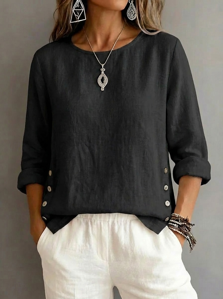 Per donna Blusa Arricciato Bottoni Semplice Vintage Elegante Manica Lunga Girocollo Top Regolari Quotidiano Ferie Uscire Blu Nero Bianco Giallo Rosa Estate Primavera del 2026 a $10.99 –P6