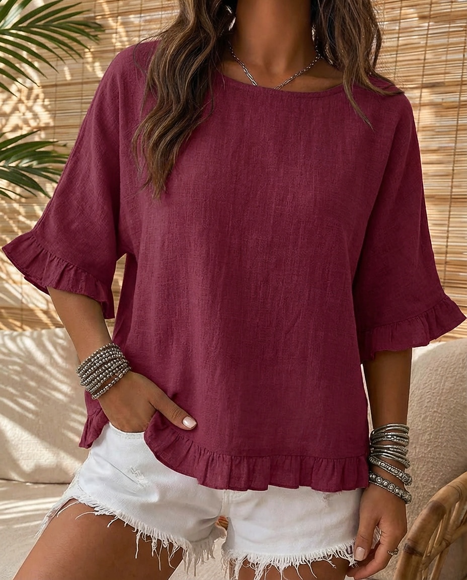 Women's Linen-feel Shirts Summer Tops Solid Color Vacation Vintage Short Sleeve Regular Tops Casual Blue Yellow Wine Red Light Purple Summer Spring 2026 - $22.99 –P8