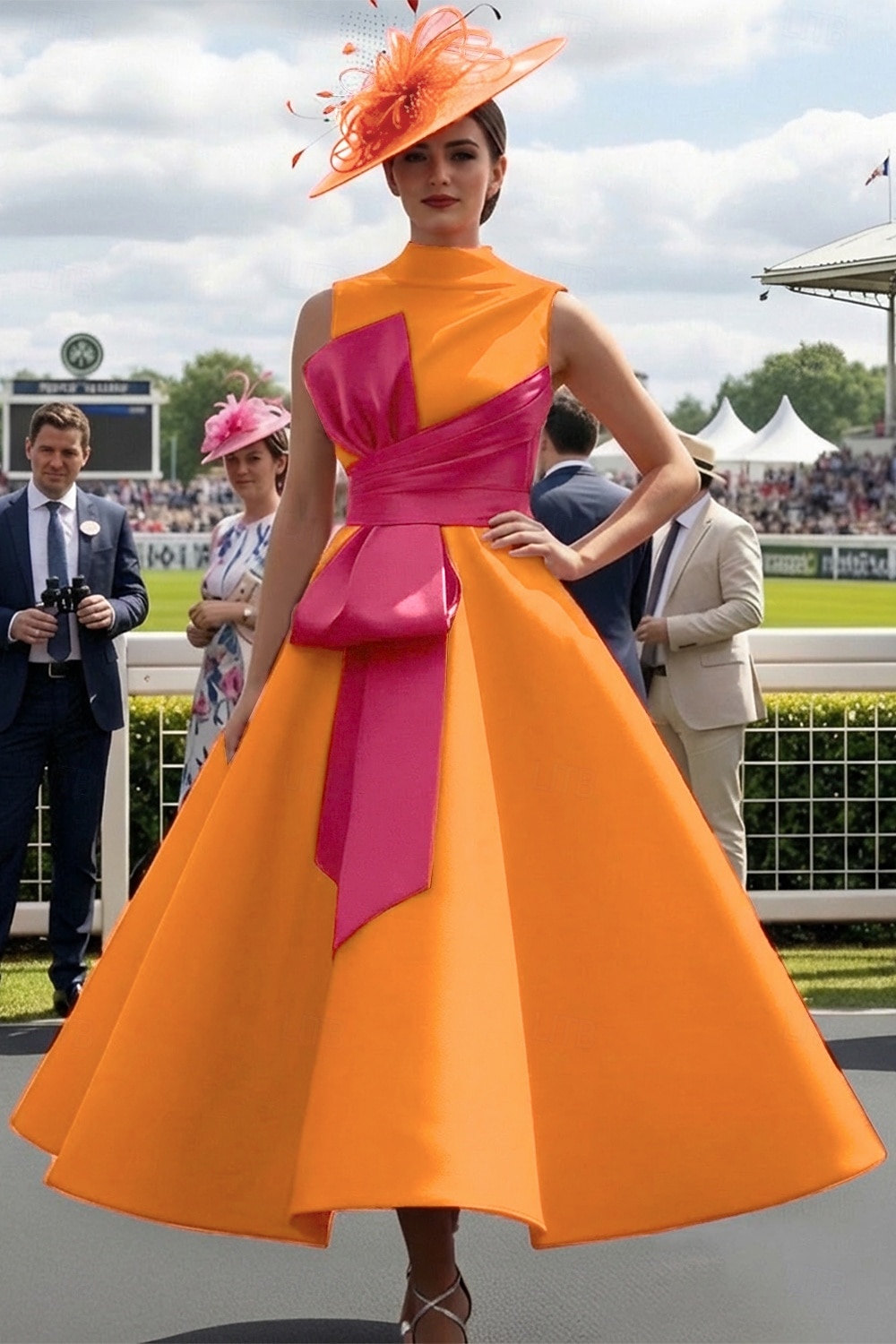 Haine Bal Lungime Gleznă Rochii de bal Rochii de seara Rochie De Bal Rochie formală Elegant 1950 Bloc de Culoare Fără manșon Gât Înalt Bal Invitat la nunta Satin cu Arc 2026 - $164.99 –P9