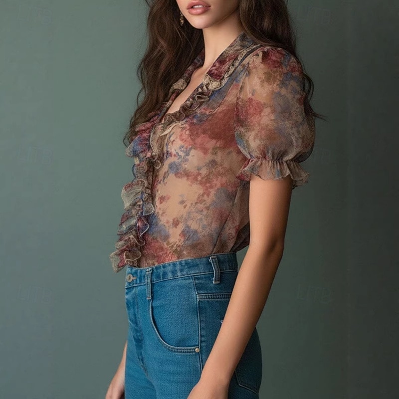 Damskie Koszula Koszula Boho Bluzka Koszula z falbanką Falbana Kwiaty Elegancki Klasyczny Nowoczesny Krótki rękaw W serek Zwykłe topy Codzienny Święto Wyjściowe Rumiany róż Lato Wiosna 2026 - $42.99 –P4