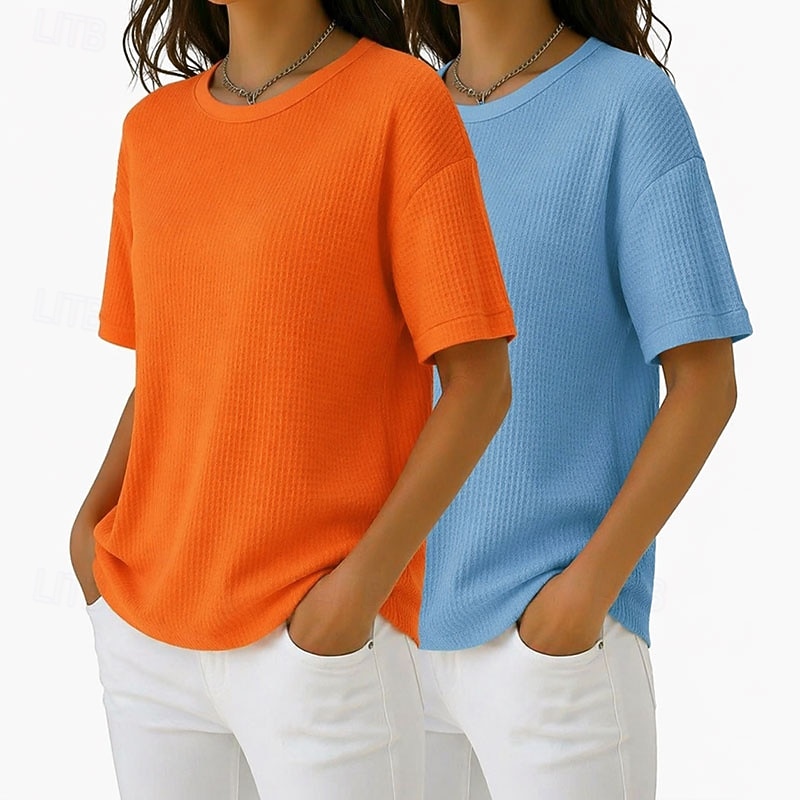 Набор из 2 женских футболок с вафельной текстурой, вафельный трикотаж, однотонные, стильные, базовые, классические, с коротким рукавом, круглым вырезом, стандартного кроя, повседневные, пляжные, розовые+оранжевые. 2026 - $41.99 –P2