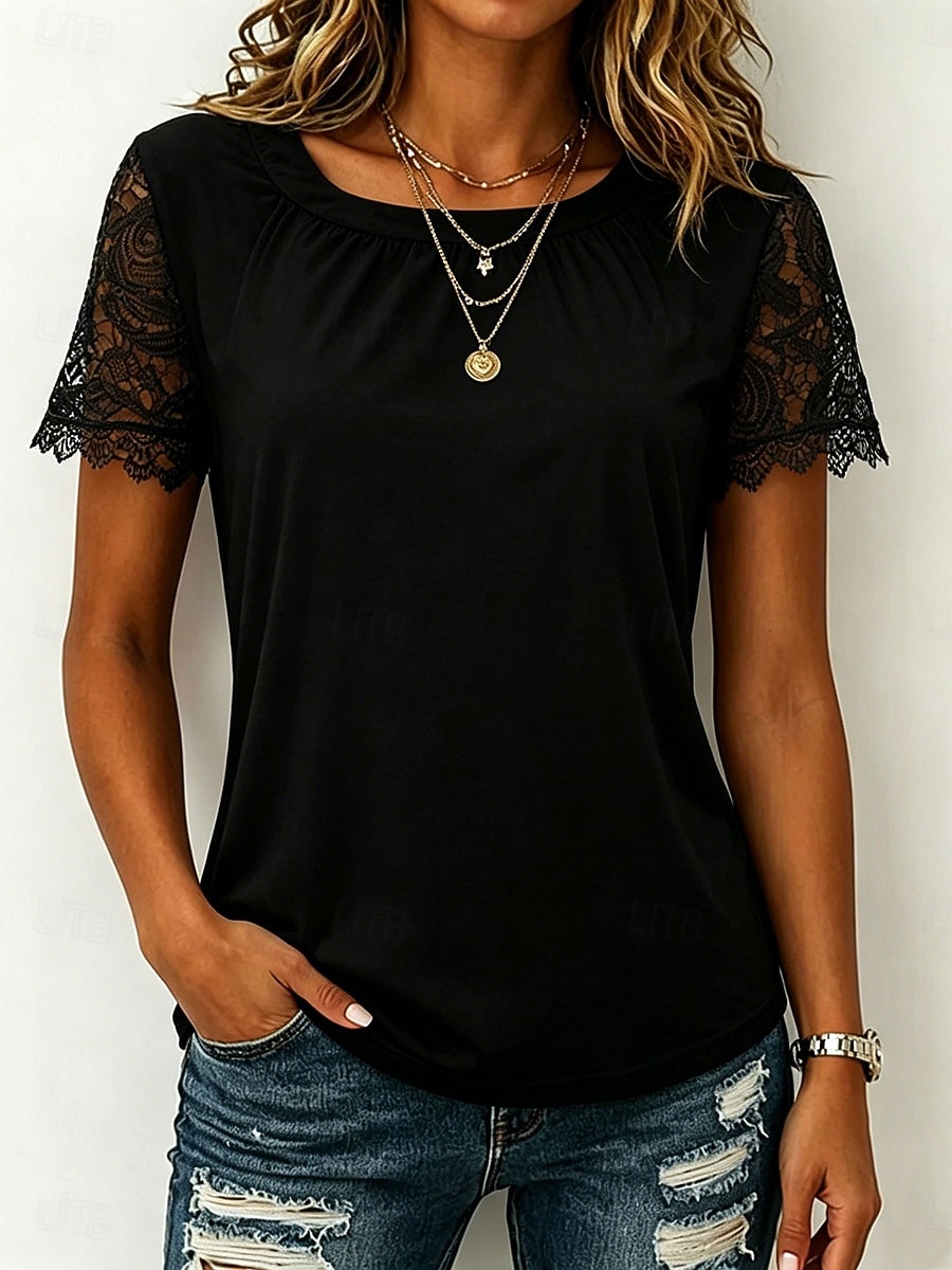 Women's Shirt Blouse Lace Tops Lace Plain Stylish Classic Modern Short Sleeve Crew Neck Regular Tops Daily Holiday Going out Blue Black White Pink Red Summer Spring 2026 - $8.99 –P5