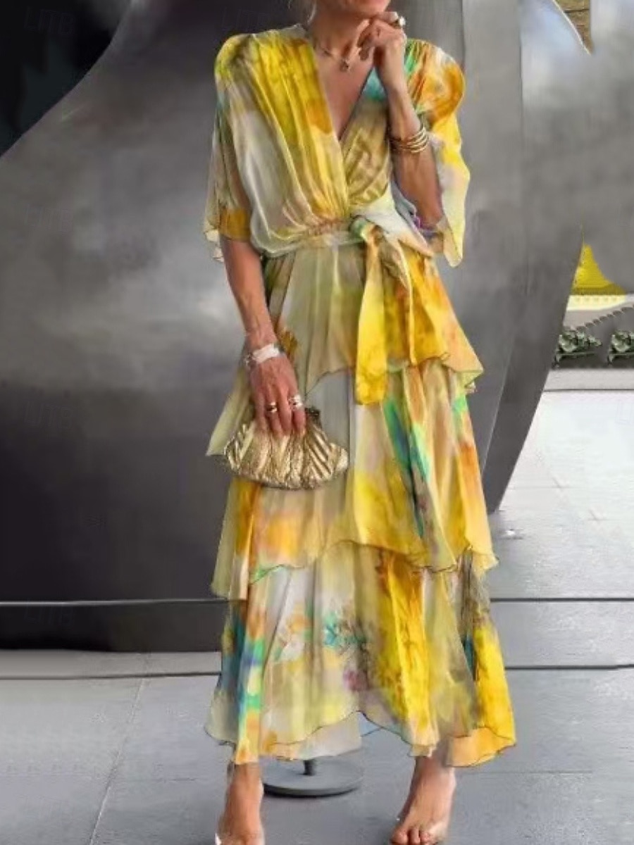 Damen Midikleid Chiffonkleid Stufenkleid Druckkleid Mode Modern Urlaub Ausgehen Wochenende Normale Passform Abstrakt Kurzarm V Ausschnitt Blau Gelb Purpur Orange Sommer Frühling 2026 - $39.99 –P6