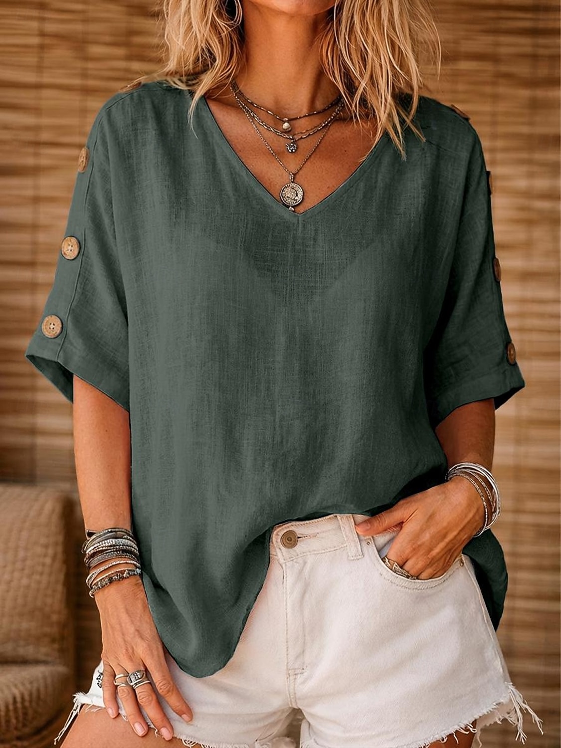 Per donna Camicia Camicie di cotone e lino Blusa Bottoni Tinta unica Essenziale Casual Manica Corta Manica a pipistrello Collo a U Top Regolari Casuale Quotidiano Bianco Giallo Verde chiaro Rosa Rosso del 2026 a $22.99 –P8