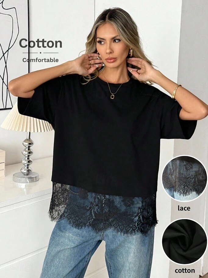 Dame 100% قطن Kontrast blonder Stilfull Klassisk Kortermet Crew-hals Vanlige topper Avslappet Svart Hvit Sommer Vår 2026 - $24.99 –P3