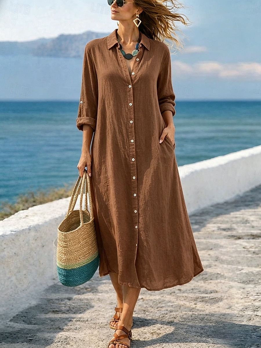 Women's Maxi Dress Cotton Linen Dresses Shift Dress Basic Daily Loose Fit Plain Long Sleeve Shirt Collar Black White Light Brown Orange Summer Spring Fall 2026 - $36.99 –P4