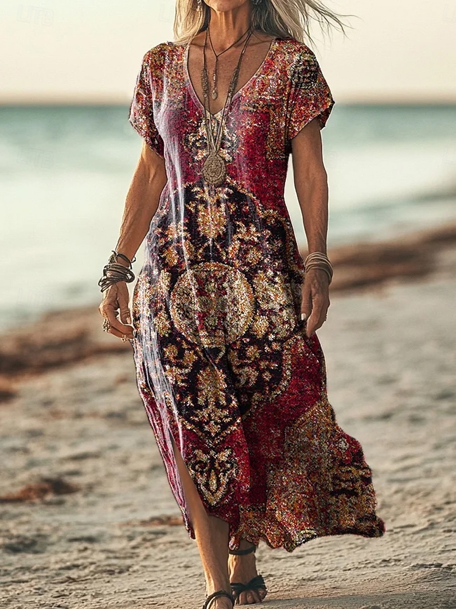 Per donna Abito maxi Vestito Estivo Vestito T-Shirt Abito a trapezio Vacanza Casual Spiaggia Uscire Vestibilità comoda Grafico Tribale Etnico Manica Corta Scollo a V Rosso scuro Vino Rosso Estate del 2026 a $29.99 –P3