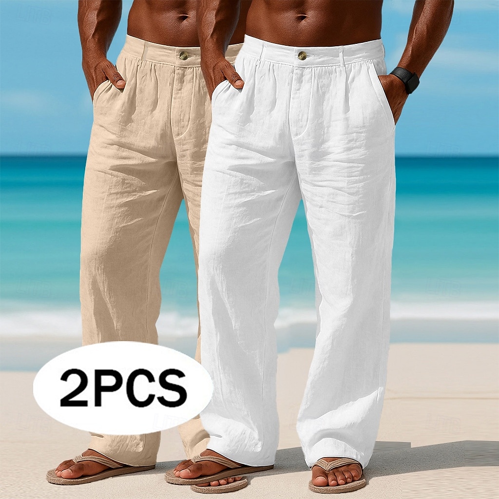 Homme Pantalons en Lin Pantalons Pantalon d'été Pantalons Amples Pantalons de Plage Avec Poches Uni Confort Respirant Longueur complète Occasionnel Quotidien Extérieur Vacances Mode Blanc + kaki de 2026 ? $41.99 –P1