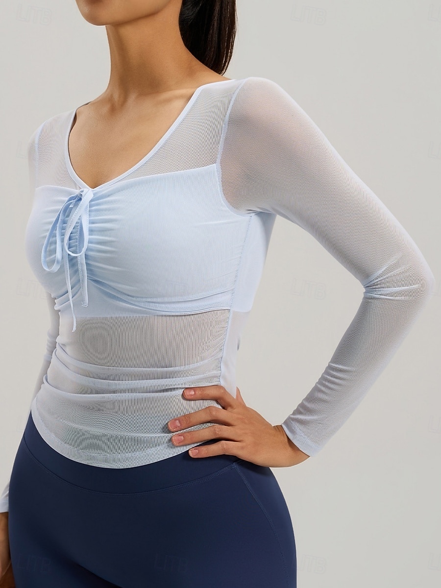 Women's Sports Bra Top 2 Piece Yoga Top V-neckline Quick Dry Lightweight Comfortable Mesh Long Sleeve Sports Solid Color Top For Gym Workout Running Fitness Classic-Fit Activewear 2026 - $21.99 –P7