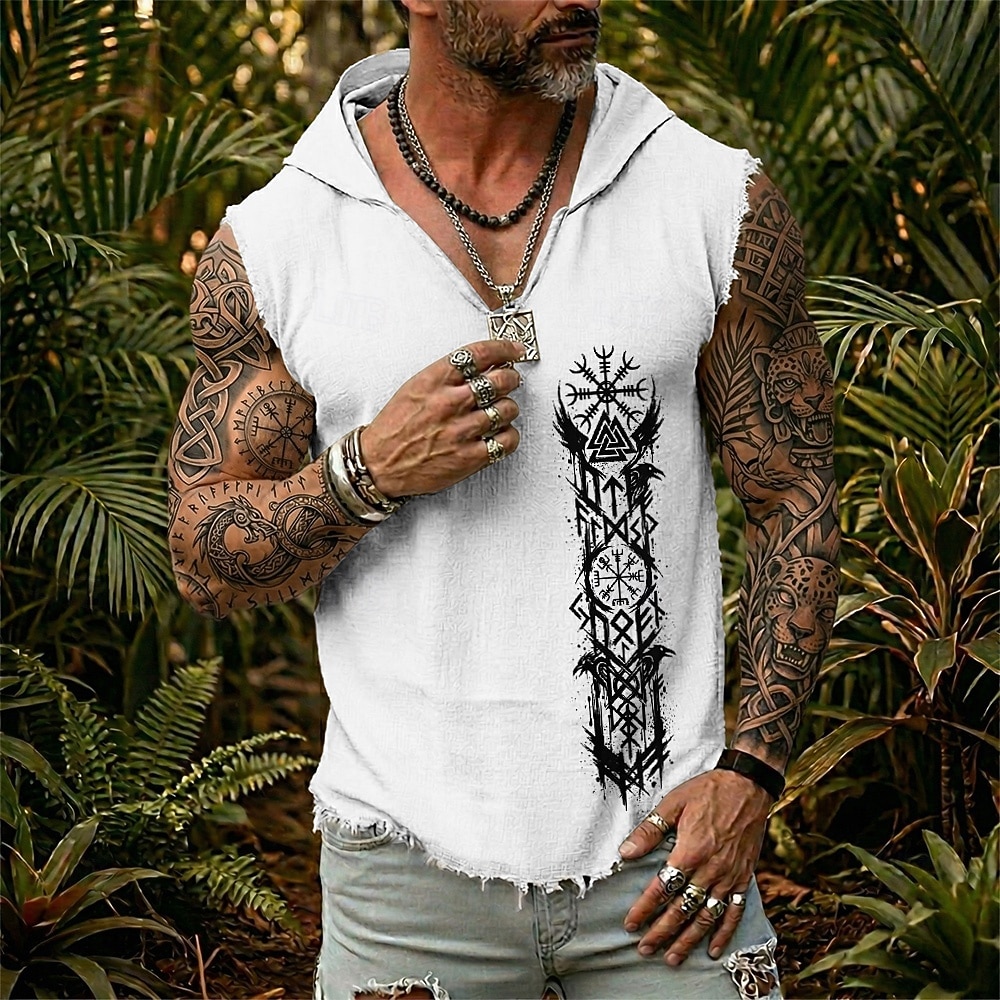 Chaleco sin mangas con capucha para hombre, estampado de vegvisir valknut, runas nórdicas, cuervo, guerrero vikingo, estilo boho, algodón y lino, bajo deshilachado, corte holgado, ideal para verano, 2026 - $19.99 –P4