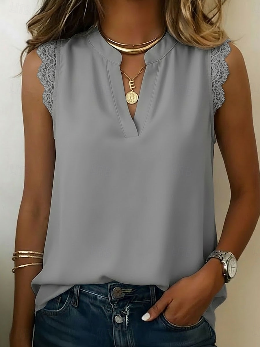 Dames Kanten overhemd Blouse Chiffon-topjes Lapwerk Effen Elegant Vakantie Mouwloos V-hals Lange tops Casual Wit patron Blozend Roze Groen Beige Zomer 2026 - $26.99 –P7