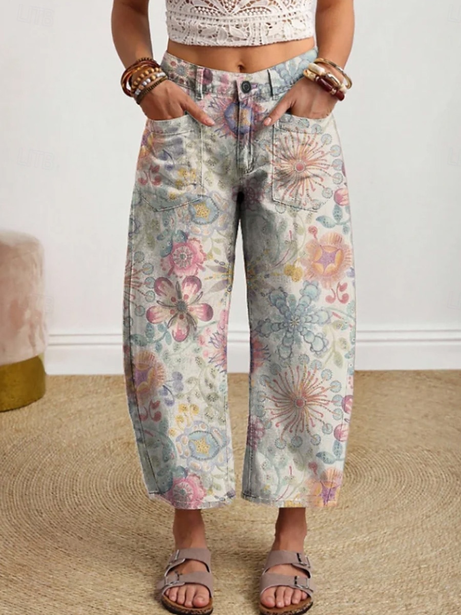 Per donna Gamba larga Chinos Pantaloni Eleganti Pantaloni Corti Vacanza Vintage Essenziale Lunghezza alla caviglia Vita Alta Floreale Grafico Fascia Elastica Stampato Comodo Comodità Traspirabilità del 2026 a $44.99 –P2