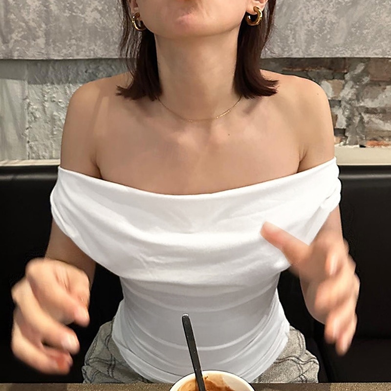 Per donna Maglietta Arricciato Semplice Elegante Moda Sexy Senza Maniche Senza Spalle Top Regolari Quotidiano Uscire Weekend Nero Bianco Estate Primavera del 2026 a $13.99 –P5