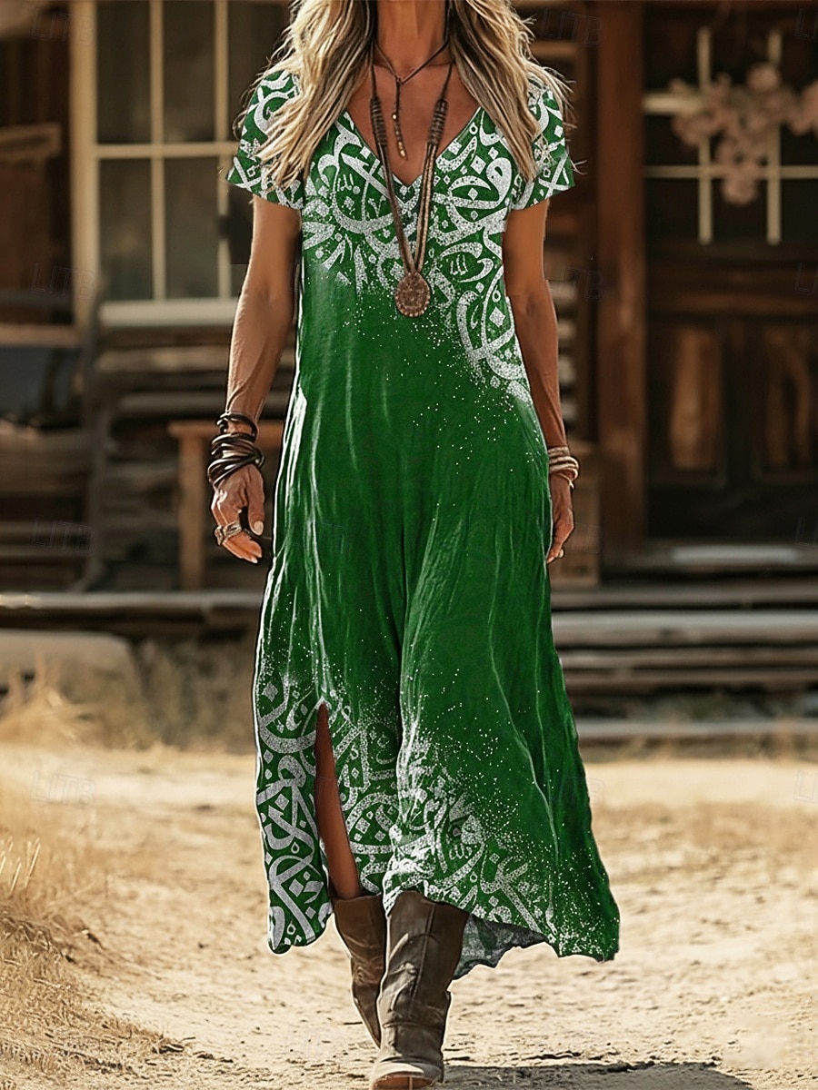 2026年 女性用 マキシドレス 自由奔放に生きるドレス カジュアルドレス A ラインドレス プリントドレス ヴィンテージ アウトドア バケーション 週末 ルーズフィット グラフィック 半袖 Ｖネック ブラック イエロー ライトグリーン ピンク 夏 春  コレクション – $12.49 –P7