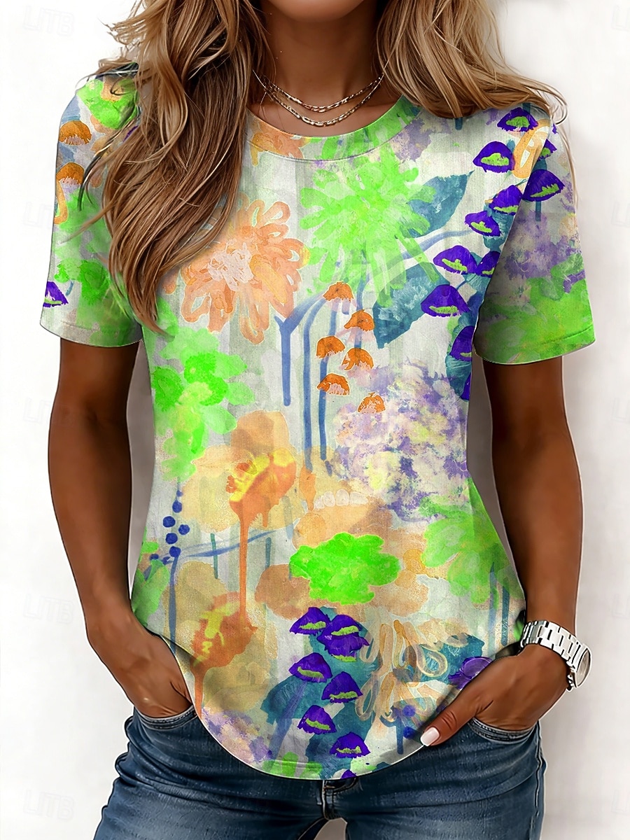 Dam T-shirt Mönster Blommig Grafisk Mode Stylish Klassisk Kortärmad Rund hals Vanliga toppar Ledigt Dagligen Helgen Blå Rodnande Rosa Purpur Grön Sommar Vår 2026 - $21.99 –P2