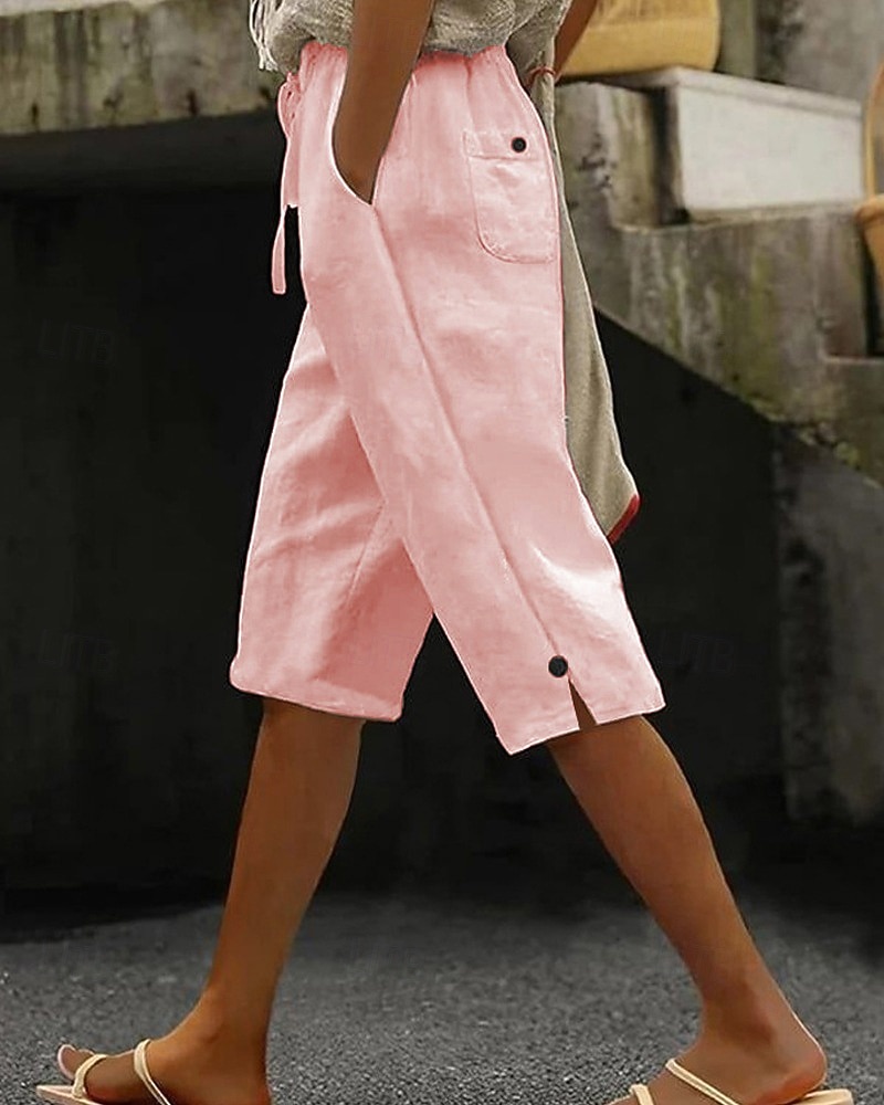 2026年 女性用 コットンリネンショートパンツ カプリパンツ スラックス サマーショーツ カジュアル ふくらはぎ丈 ナチュラルウエスト 平織り ポケット 弾性巾着デザイン 快適 屋外 アウトドア お出かけ ライトピンク オレンジレッド ホワイト ピンク 夏 レギュラー  コレクション – $24.99 –P7