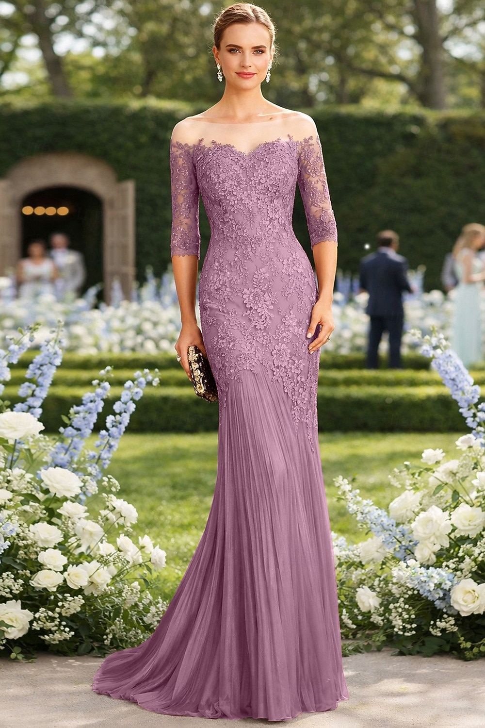 Syrena Tren sweep Suknia Suknia wieczorowa Sukienka dla matki panny młodej Rękaw 1/2 Łódeczka Elegancja Formalny Gość weselny Koronka Tiul z Haft nakładany 2026 - $208.99 –P13