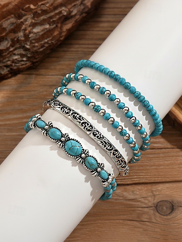 Bohemiskt turkost armbandsset för kvinnor, lager-på-lager pärlhalsband för strandsemester, resortkläder, avslappnade sommarkläder och vardaglig bohemisk styling 2026 - $11.99 –P4