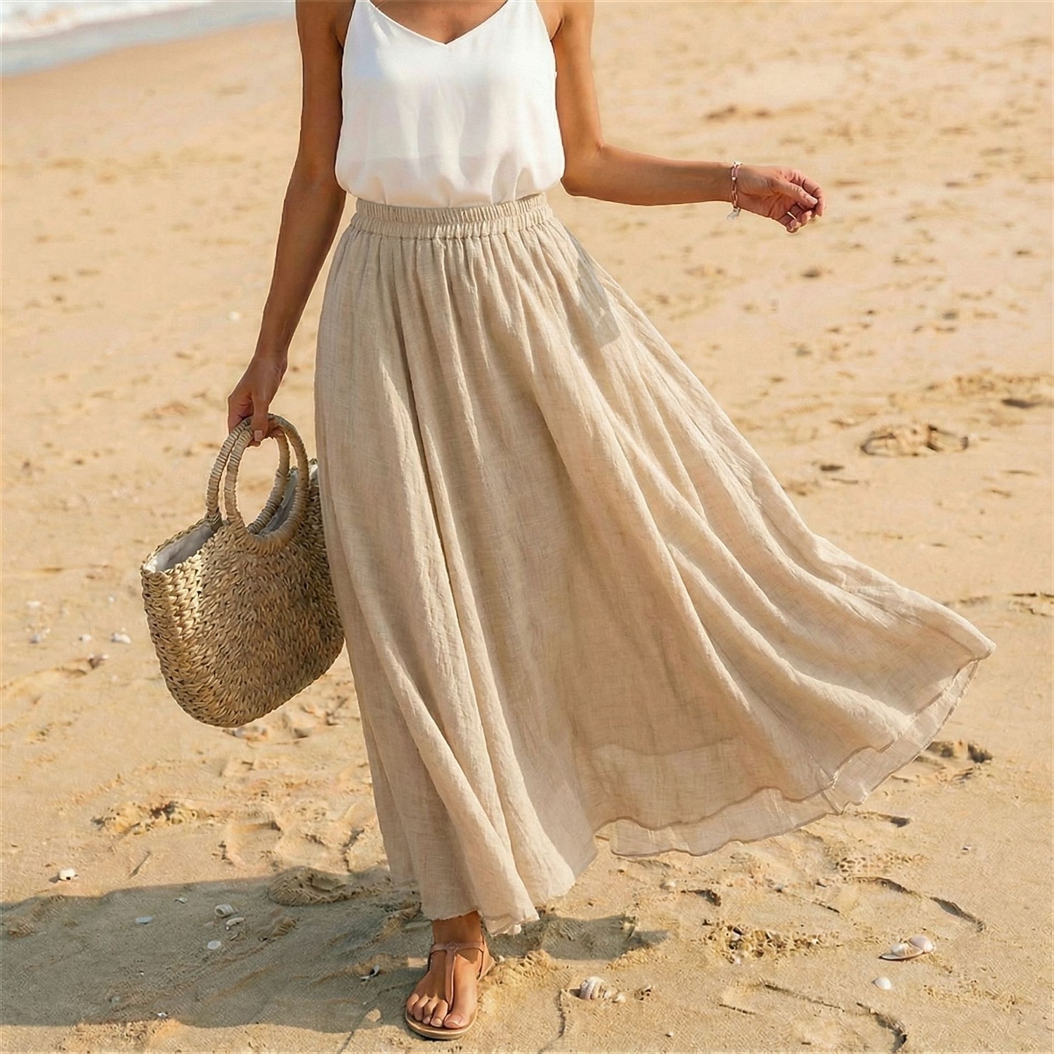 Women's Linen Blend Vacation Skirt Casual Maxi High Waist Skirts Holiday turmeric White Sky Blue Dark Green Summer 2026 - $27.99 –P11