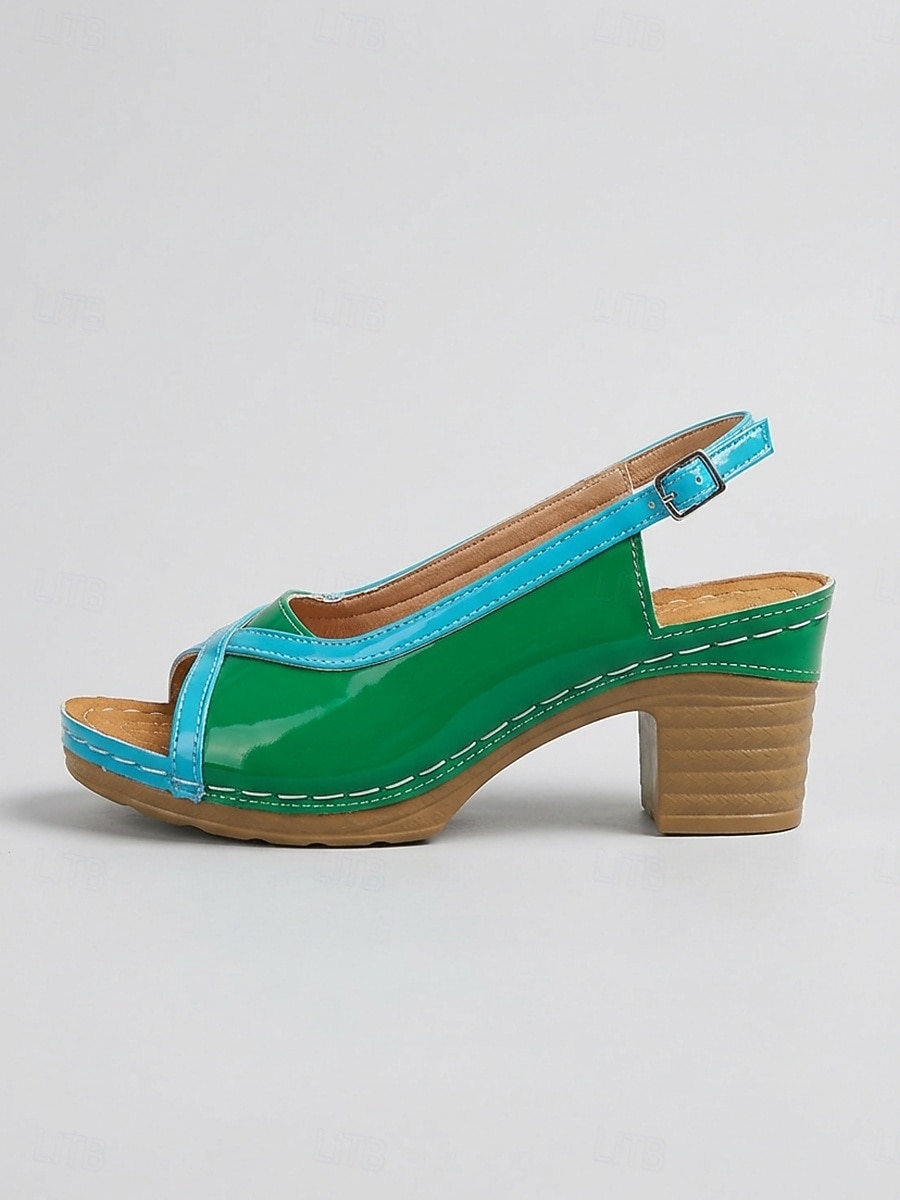 Sandali da donna color block con punta aperta e cinturino posteriore e tacco a blocco – comodi sandali estivi in pelle verniciata con tacco, ideali per vacanze, feste in giardino, viaggi e per l'uso del 2026 a $26.99 –P3